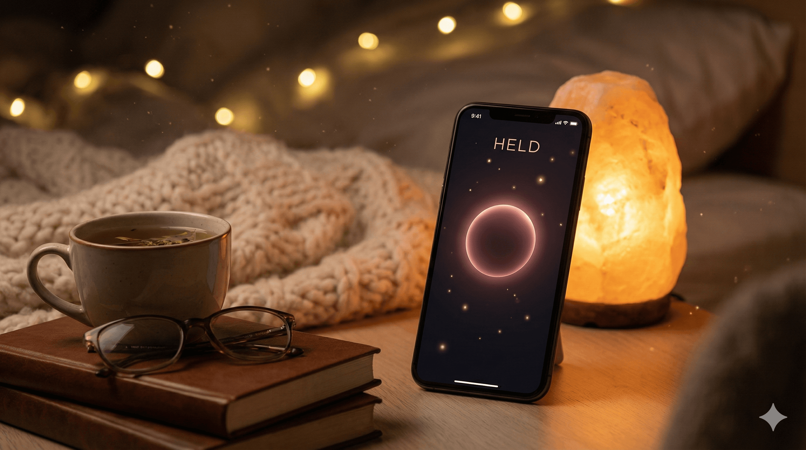 Bedside table with warm salt lamp, phone running HELD app, book and tea